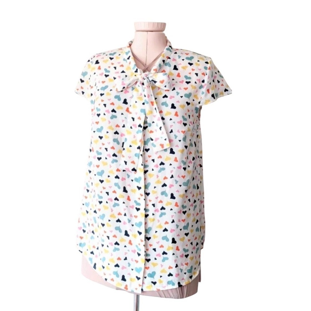 ModCloth Womens Heart Print Tie Neck Blouse White Multi Color Hearts Size Medium